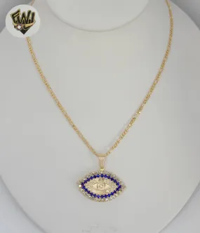 (1-6240-1) Gold Laminate - Figaro Link Evil Eye Necklace - 18 - BGF