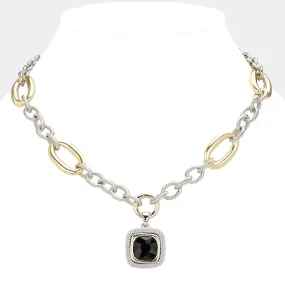 14K Gold Plated Silver Black Onyx Pendant Link Statement Necklace