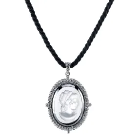 1928 Jewelry Black Rayon Twisted Cord Hematite Frost Cameo Pendant Necklace 16"   3" Extender