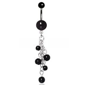 316L Surgical Steel Black Acrylic Navel Ring with Beaded Chain Cascade