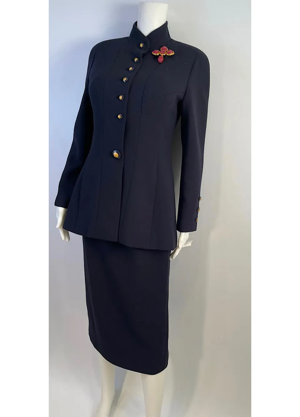 93P/93A 1993 Chanel Boutique Vintage Dark Navy Skirt Suit Set FR 36/38