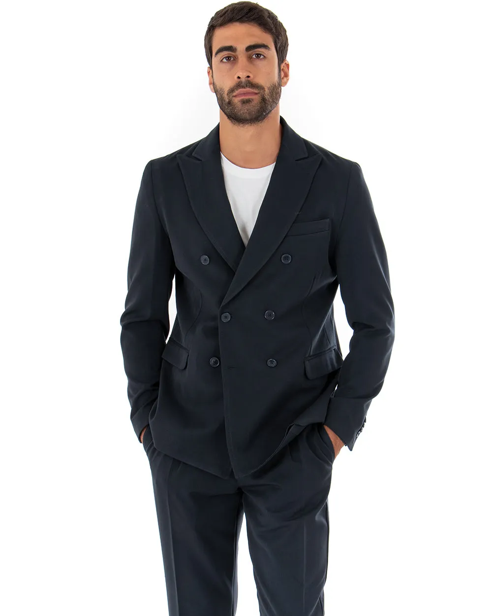 Abito Uomo Doppiopetto Completo Viscosa Blu Sartoriale Giacca Pantaloni Elegante Casual GIOSAL-OU2084A