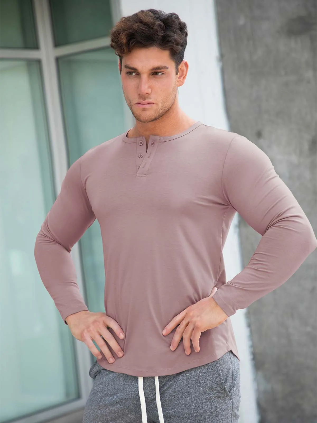 All Day Elite Henley Curve-Hem Stretch Long Sleeve