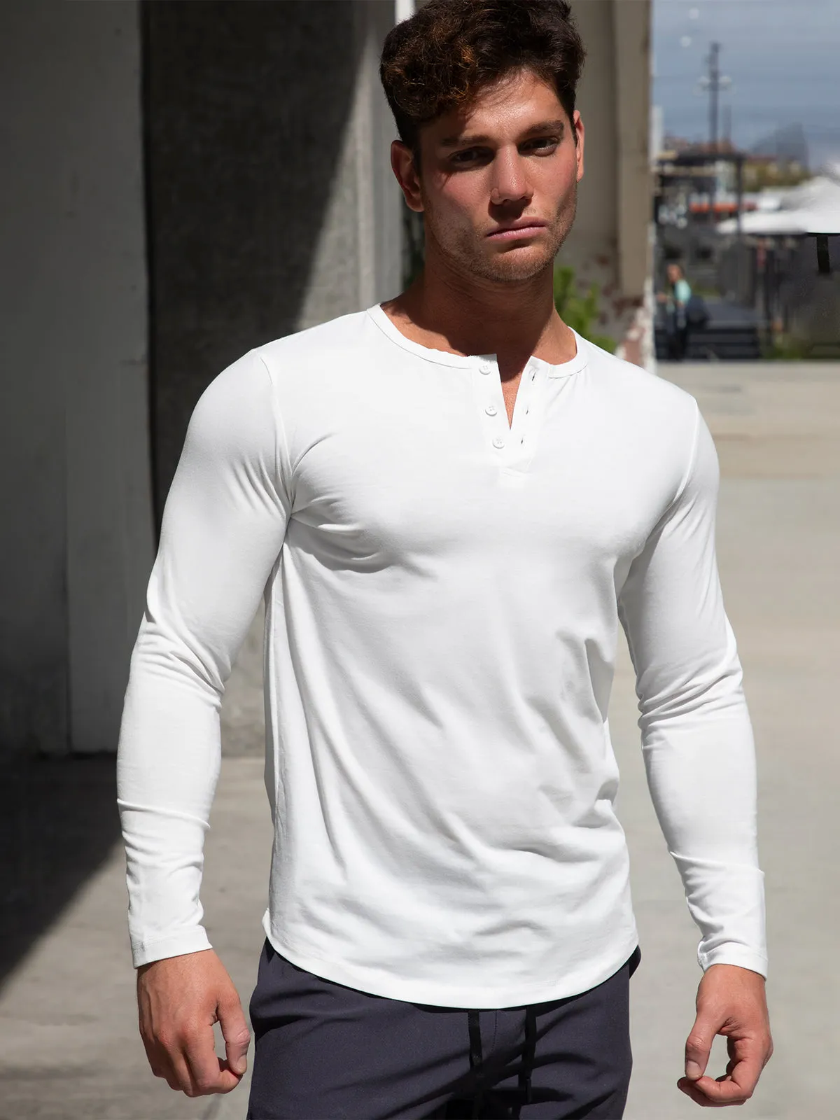 All Day Elite Henley Curve-Hem Stretch Long Sleeve