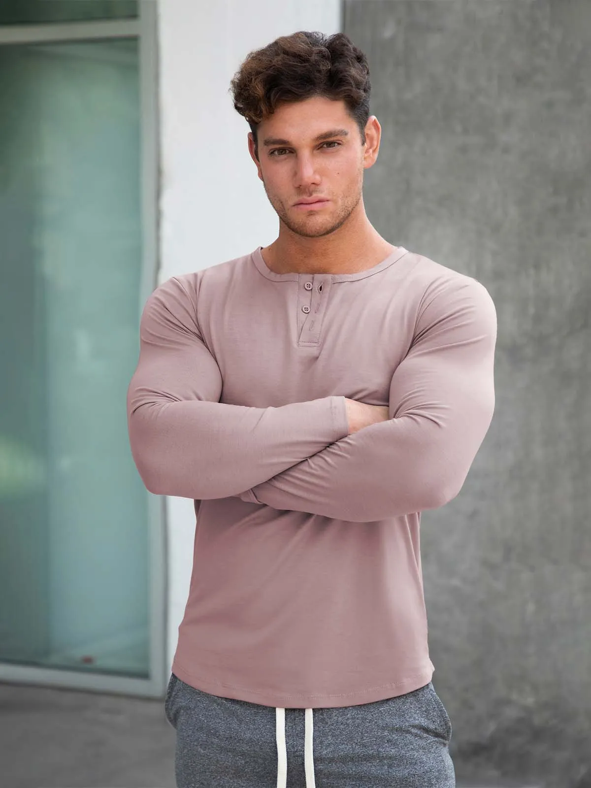 All Day Elite Henley Curve-Hem Stretch Long Sleeve