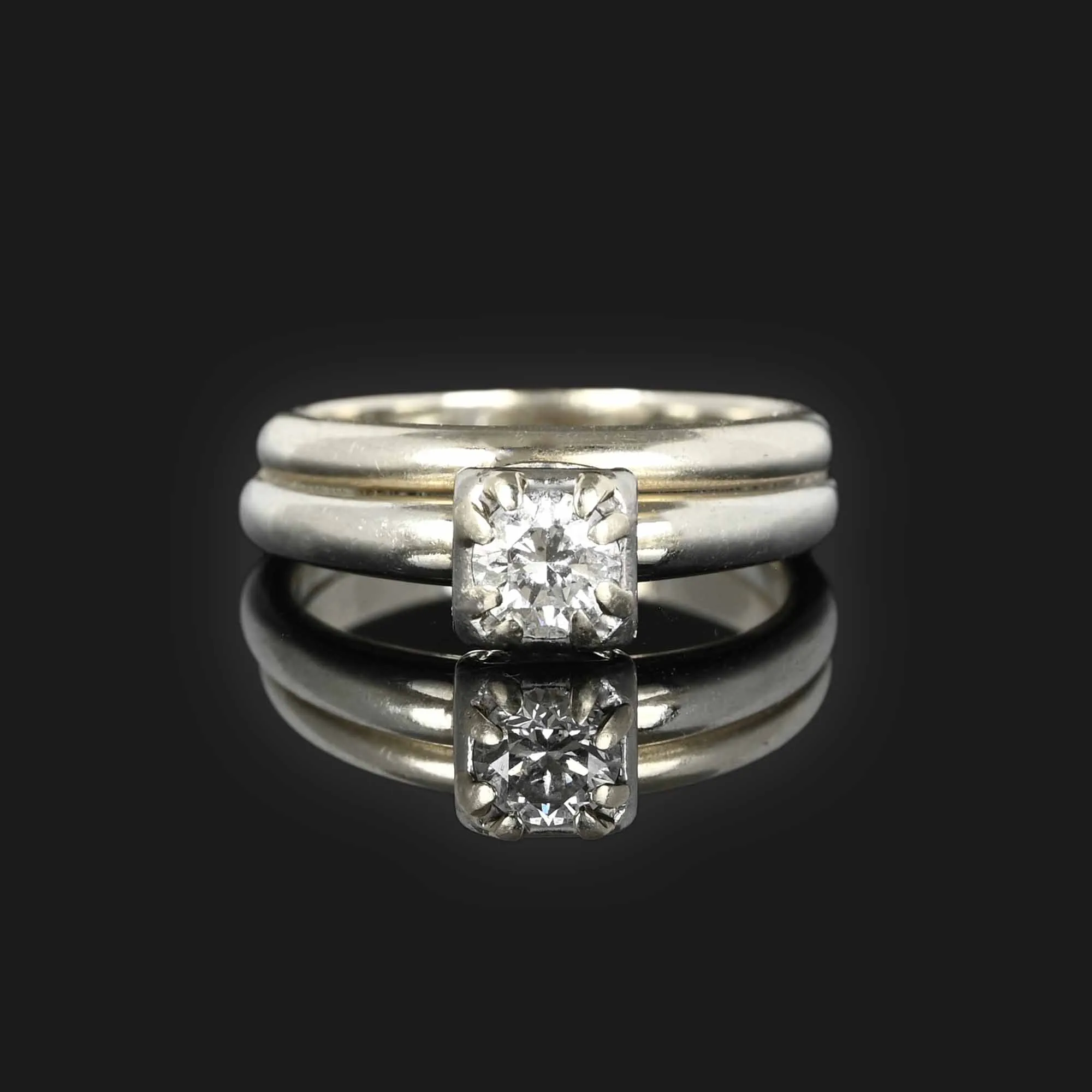 Antique Diamond Solitaire Wedding Ring Set in 14K White Gold