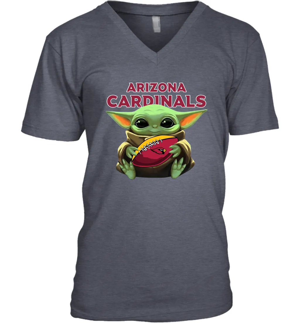 Baby Yoda Loves The Arizona Cardinals Star Wars Baby Yoda Hugs Cardinals NFL Mens V-Neck T-Shirt