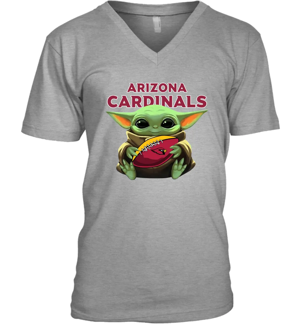 Baby Yoda Loves The Arizona Cardinals Star Wars Baby Yoda Hugs Cardinals NFL Mens V-Neck T-Shirt