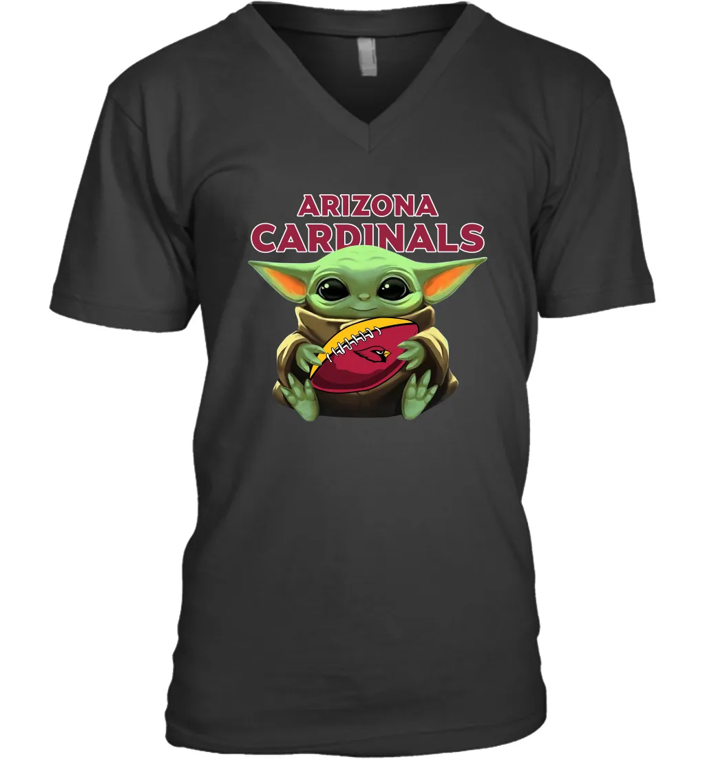 Baby Yoda Loves The Arizona Cardinals Star Wars Baby Yoda Hugs Cardinals NFL Mens V-Neck T-Shirt