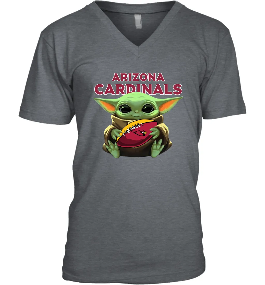 Baby Yoda Loves The Arizona Cardinals Star Wars Baby Yoda Hugs Cardinals NFL Mens V-Neck T-Shirt