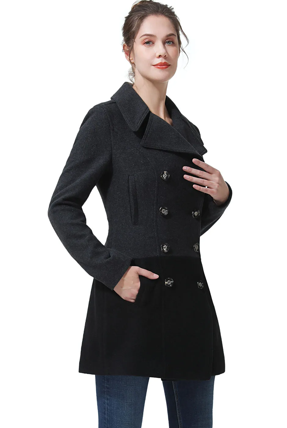 BGSD Women Gem Color Block Wool Pea Coat