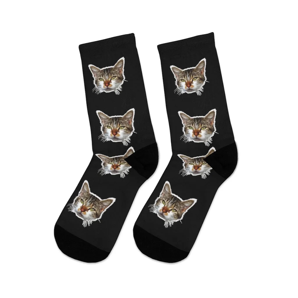 Black Cat Print Socks, Designer Cute Calico Cat One-Size Premium Socks- Made in USA