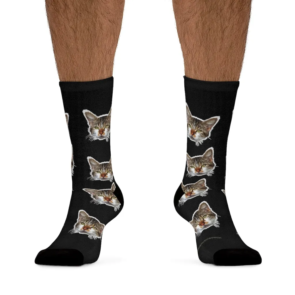 Black Cat Print Socks, Designer Cute Calico Cat One-Size Premium Socks- Made in USA