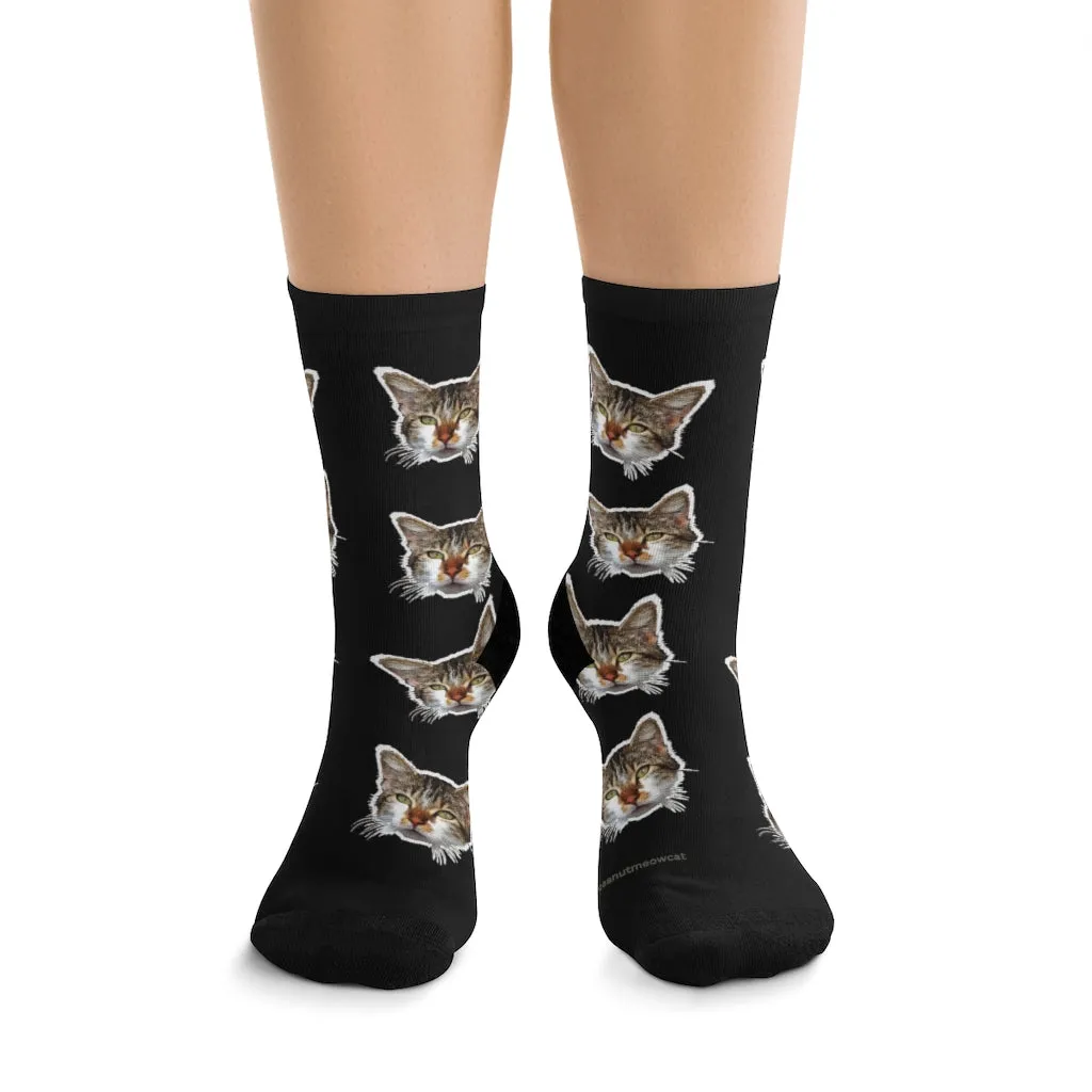 Black Cat Print Socks, Designer Cute Calico Cat One-Size Premium Socks- Made in USA