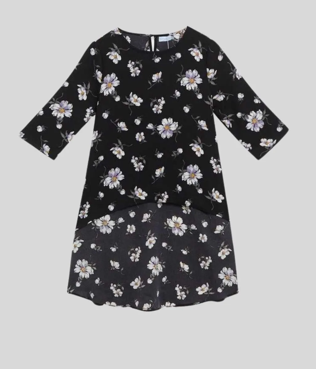 Black Floral Dipped Hem Top