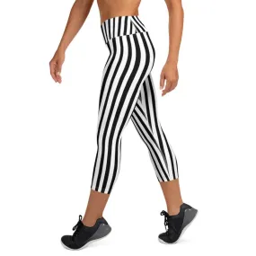 Black Striped Yoga Capri Leggings, Vertical Striped Women's Capri Pants- Made in USA/ EU