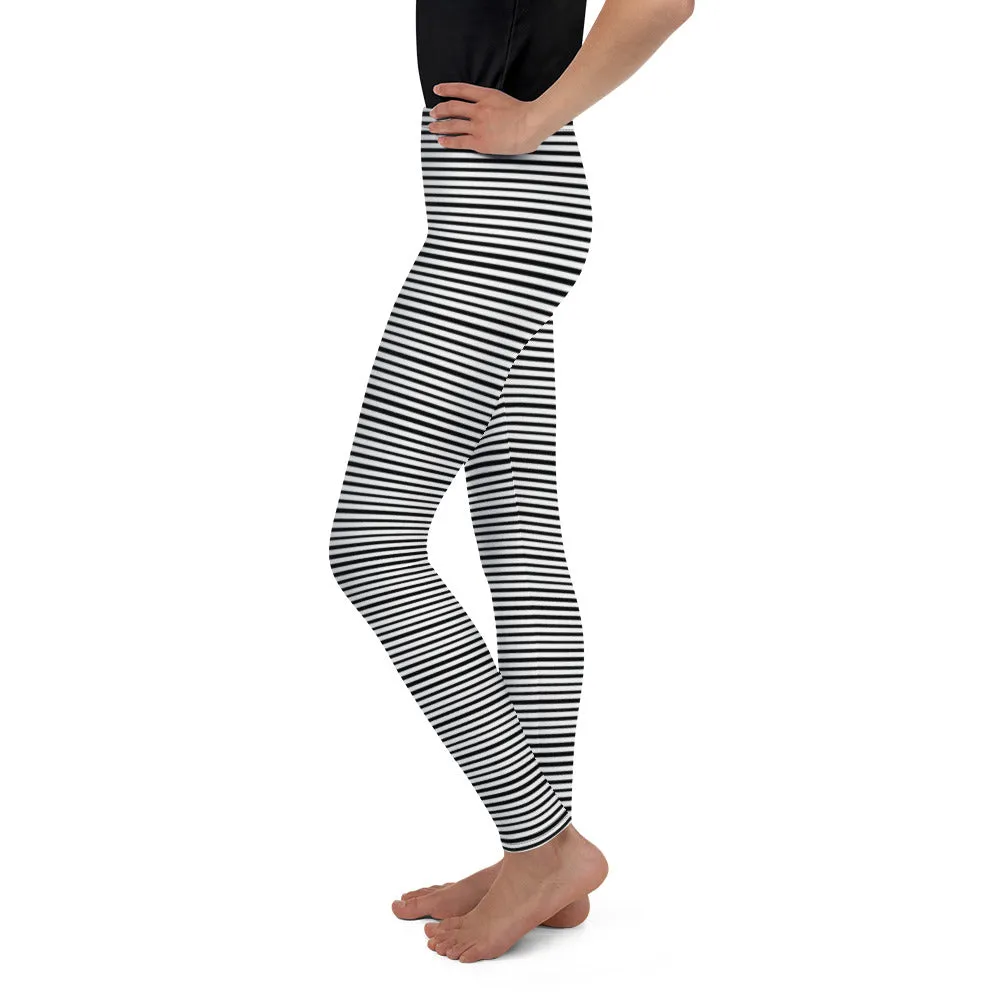 Black Striped Youth Leggings, Horizontal Stripe Premium Girl's Tights- Made in USA/ EU