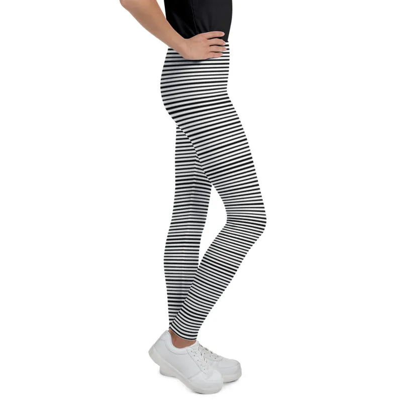 Black Striped Youth Leggings, Horizontal Stripe Premium Girl's Tights- Made in USA/ EU