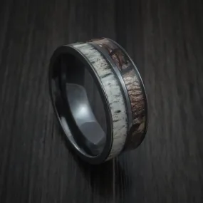 Black Titanium Men's Ring with Camo and Antler Inlays Custom Made Wedding Band