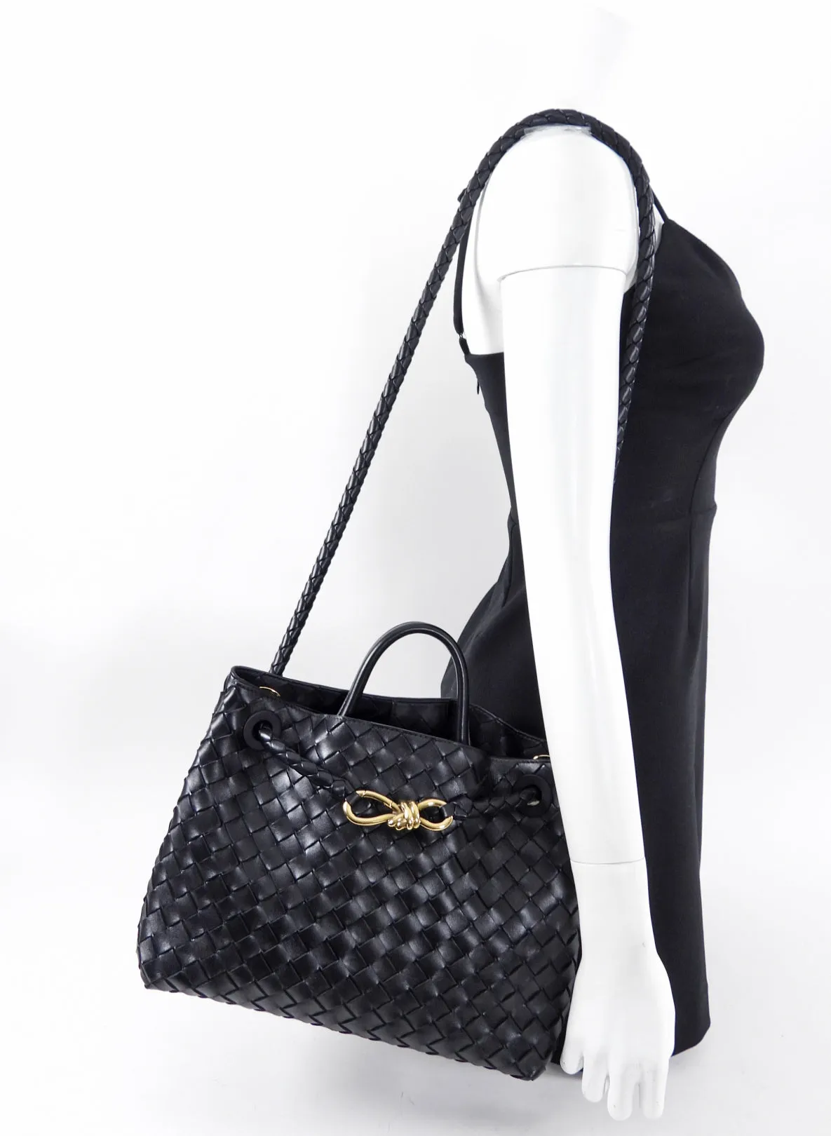 Bottega Veneta Andiamo Black Intrecciato Leather Two Way Tote Bag