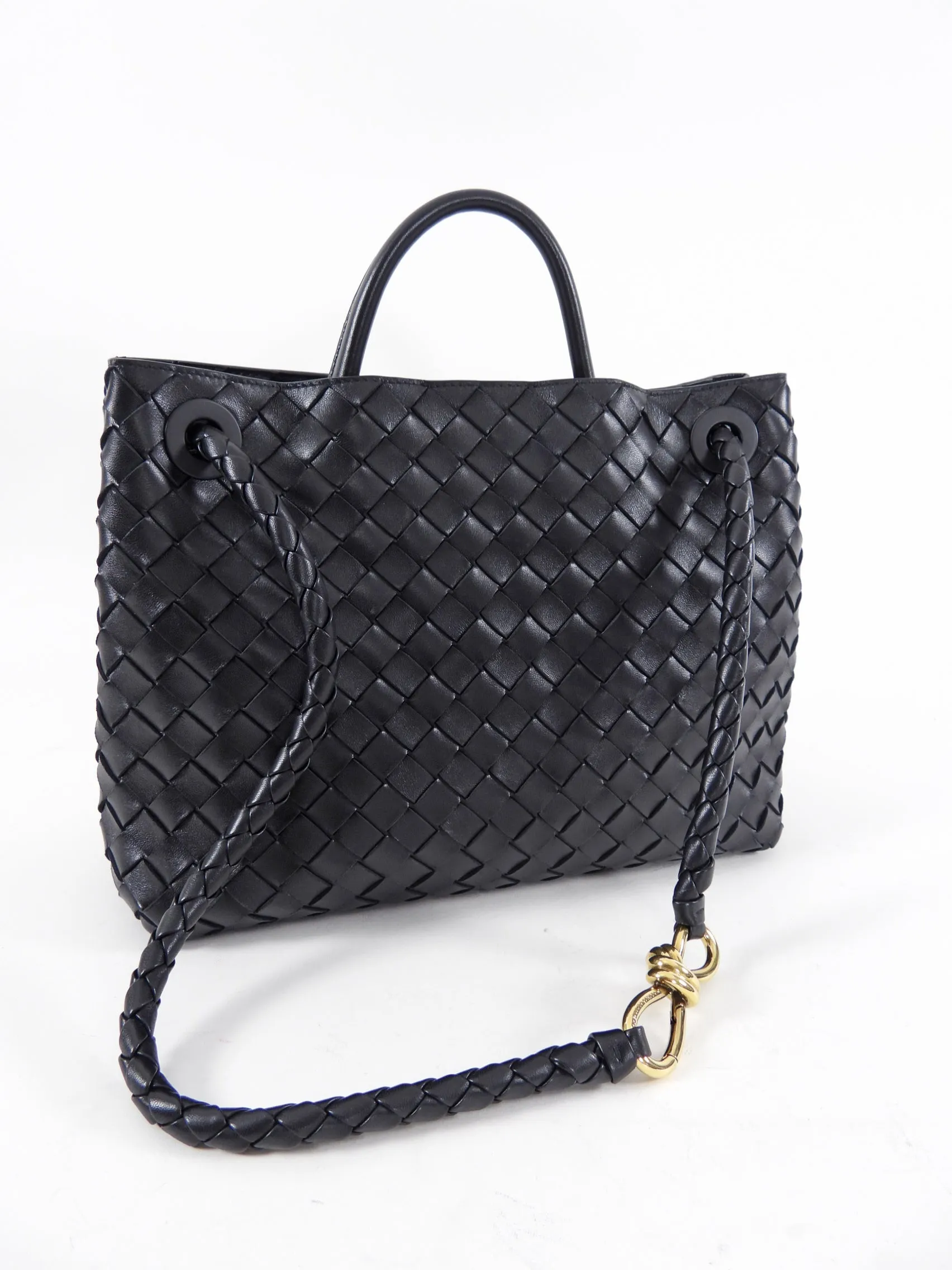 Bottega Veneta Andiamo Black Intrecciato Leather Two Way Tote Bag