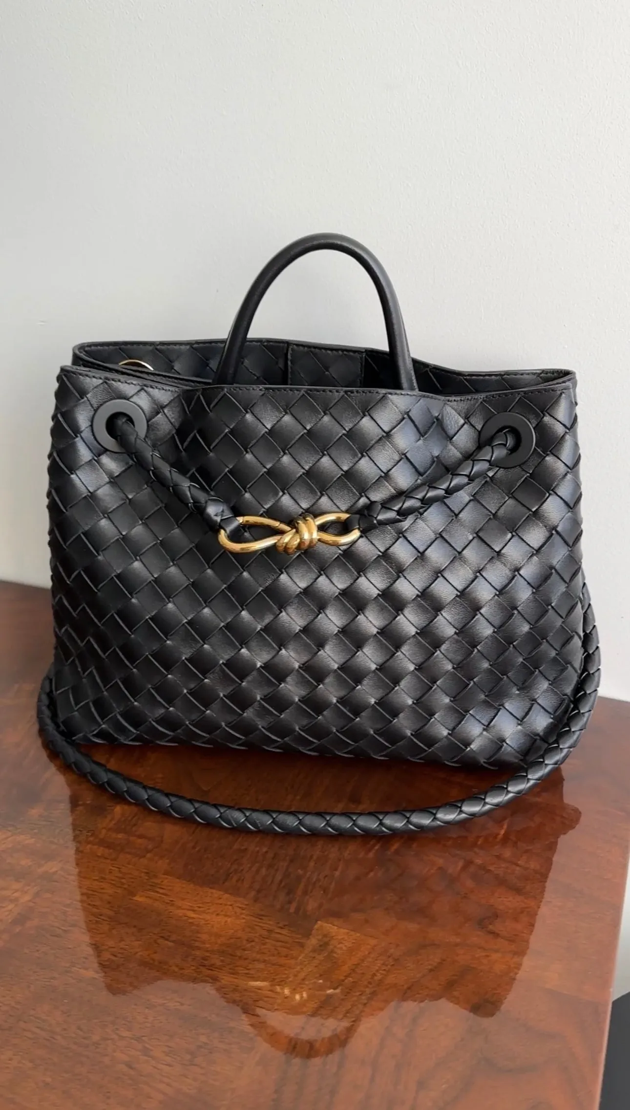 Bottega Veneta Andiamo Black Intrecciato Leather Two Way Tote Bag