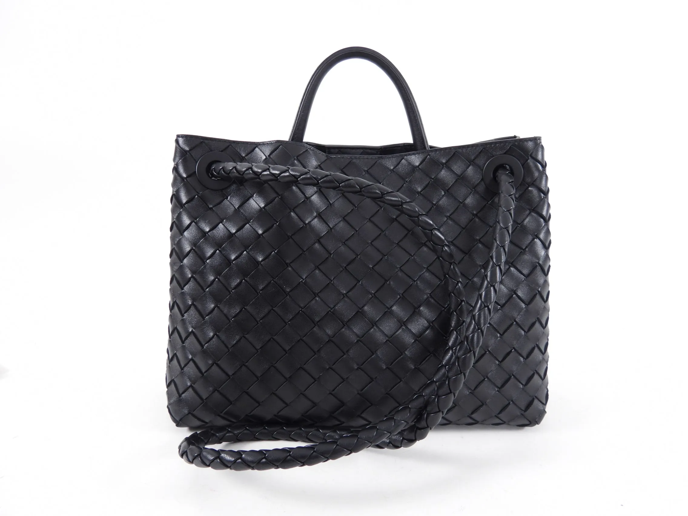 Bottega Veneta Andiamo Black Intrecciato Leather Two Way Tote Bag