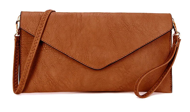 BROWN OVER-SIZED ENVELOPE CLUTCH BAG WITH LONG CROSS BODY AND WRISTLET STRAP