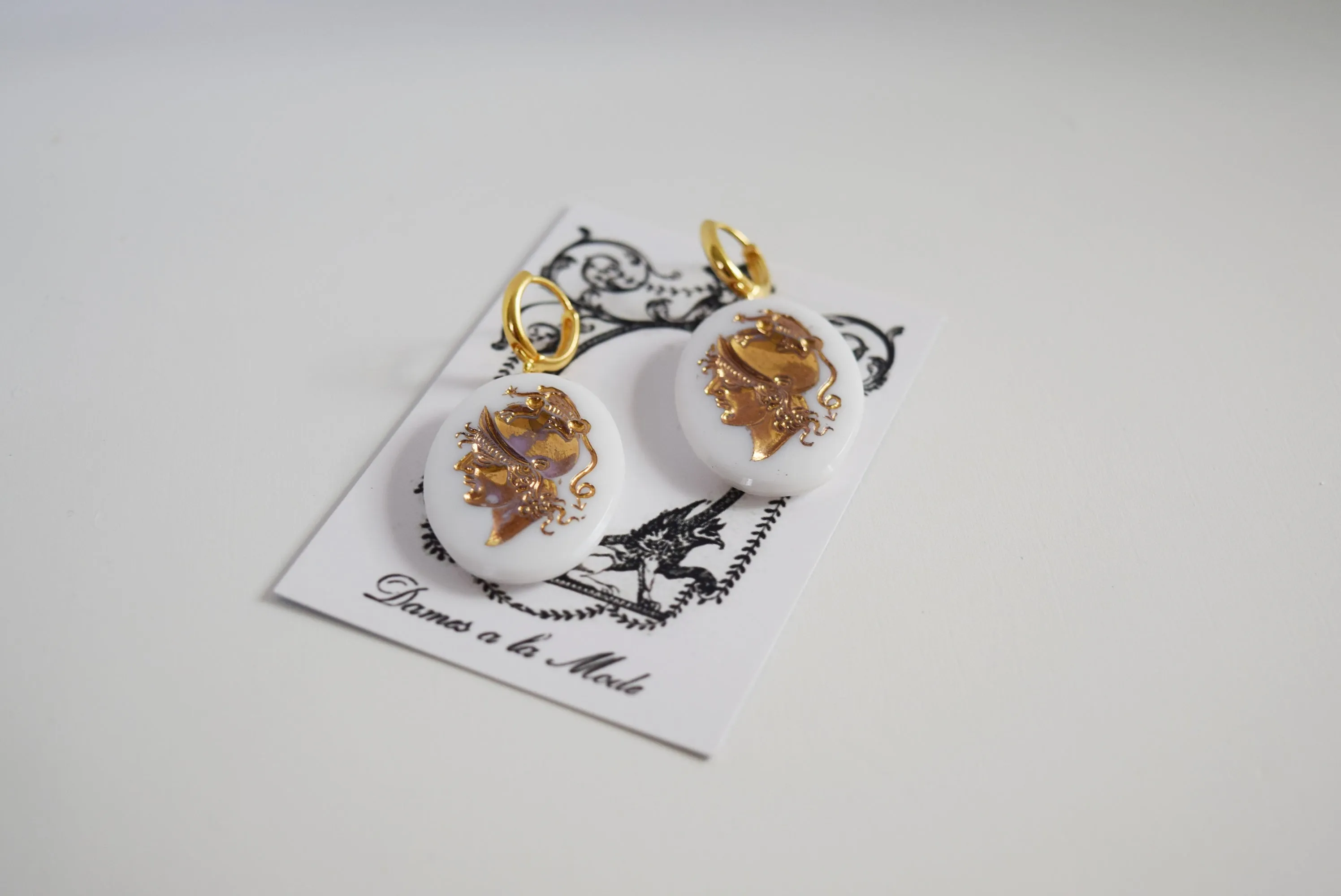 Cameo Earrings - White and Gold Warrior Intaglio - x-Large