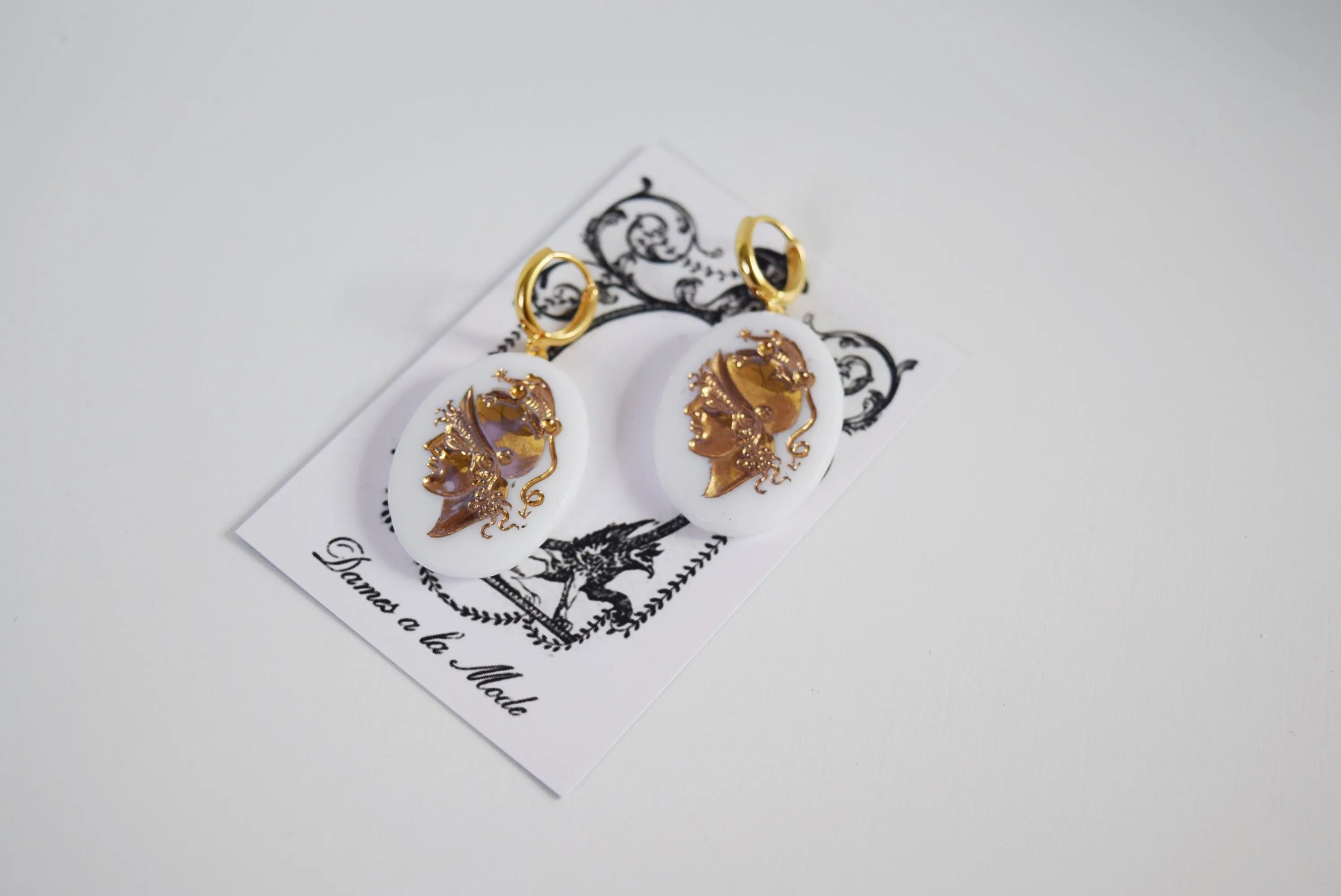 Cameo Earrings - White and Gold Warrior Intaglio - x-Large