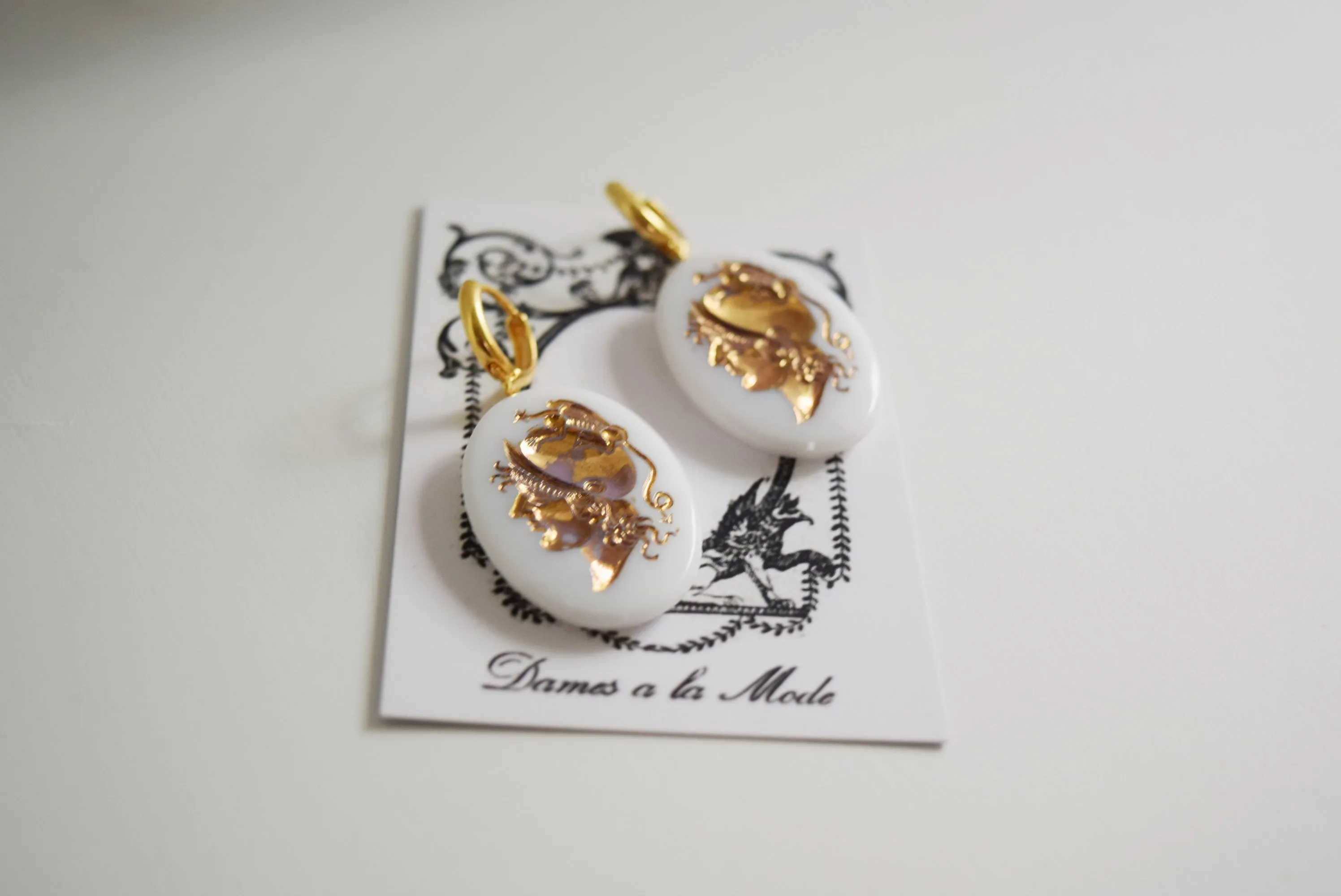 Cameo Earrings - White and Gold Warrior Intaglio - x-Large