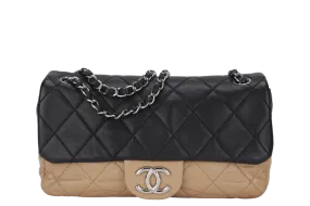 CHANEL CLASSIC FLAP BICOLOR (1267xxxx) MEDIUM BLACK & BEIGE LAMBSKIN SILVER HARDWARE WITH CARD, NO DUST COVER