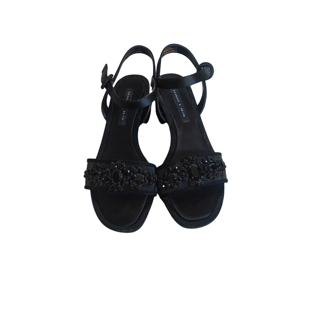 Charles & Keith Black Mesh Rhinestone Block Heels | Gently Used |