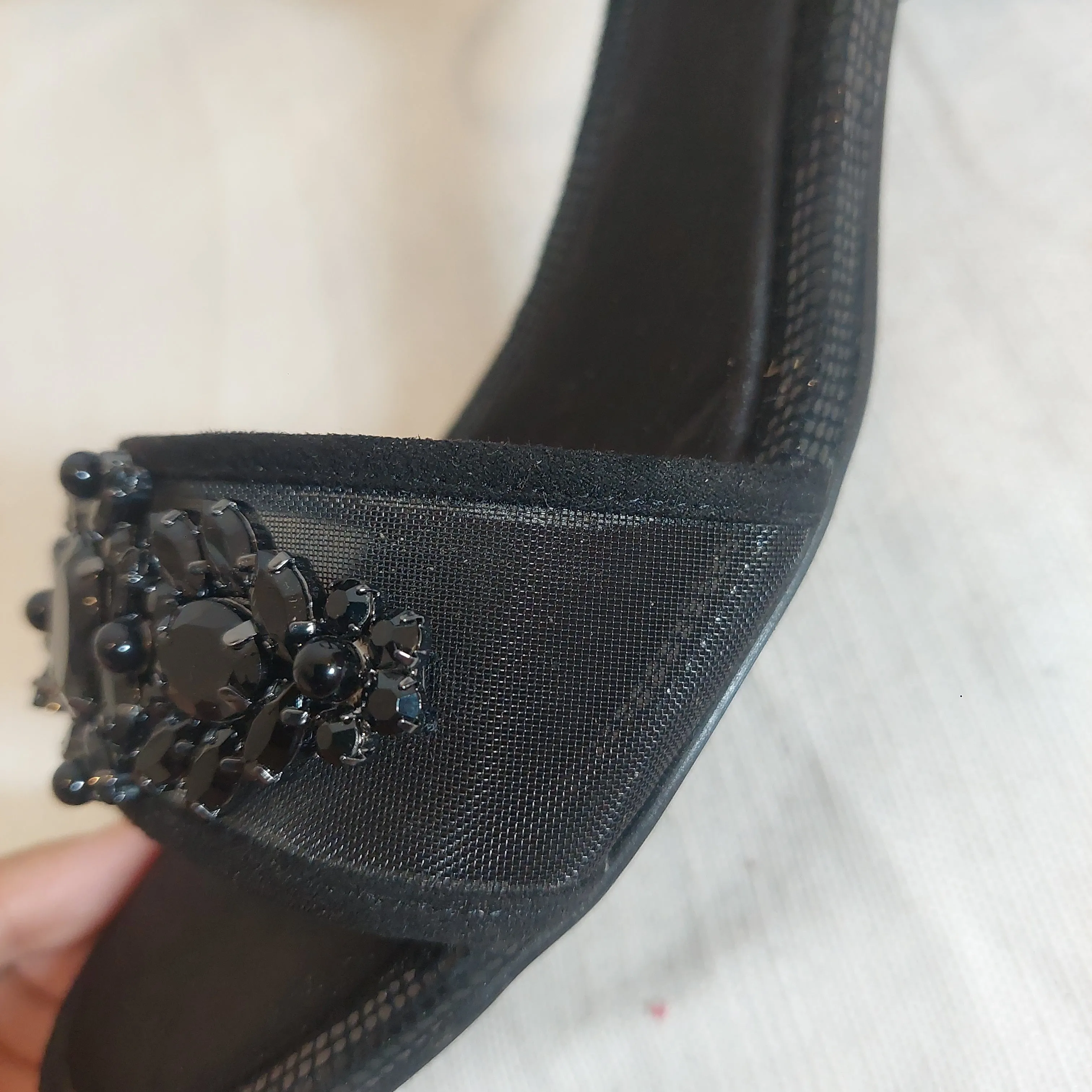 Charles & Keith Black Mesh Rhinestone Block Heels | Gently Used |