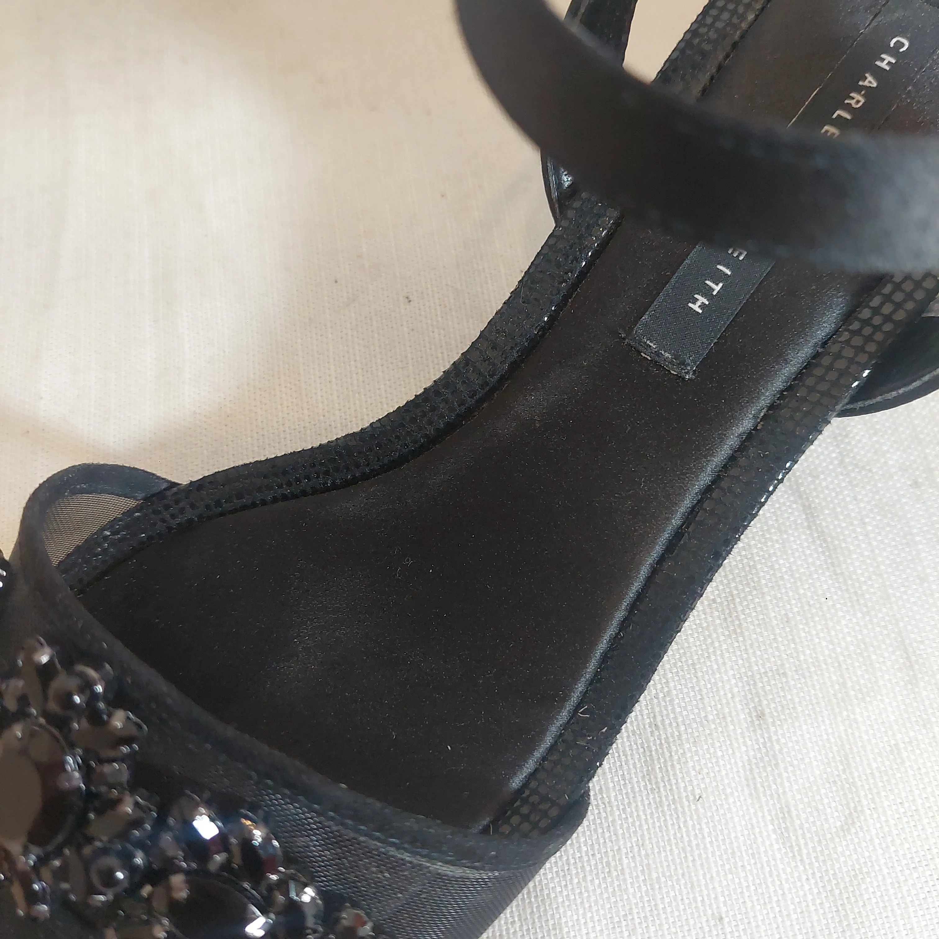 Charles & Keith Black Mesh Rhinestone Block Heels | Gently Used |