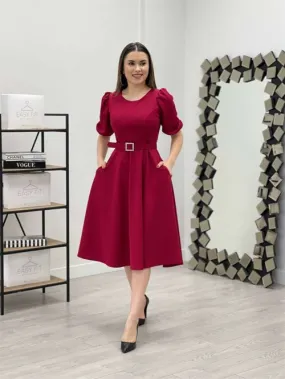 Crepe Fabric Belt Detailed Dress - Burgundy