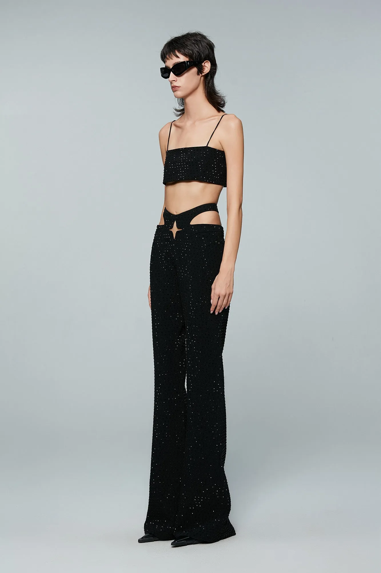 Cut-out four-pointed star full length hot drill micro-cropped pants