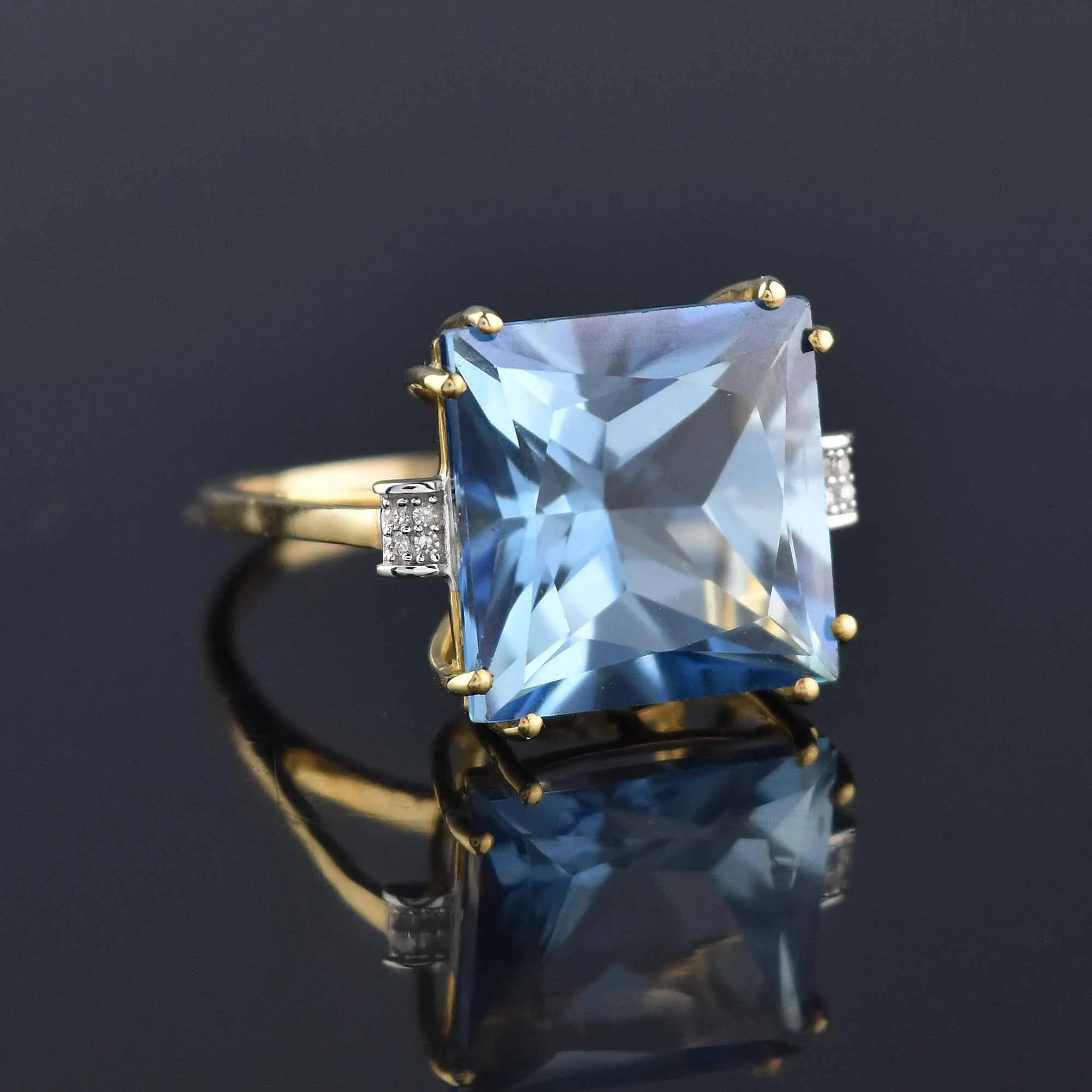 Diamond Princess Cut Blue Topaz Cocktail Ring