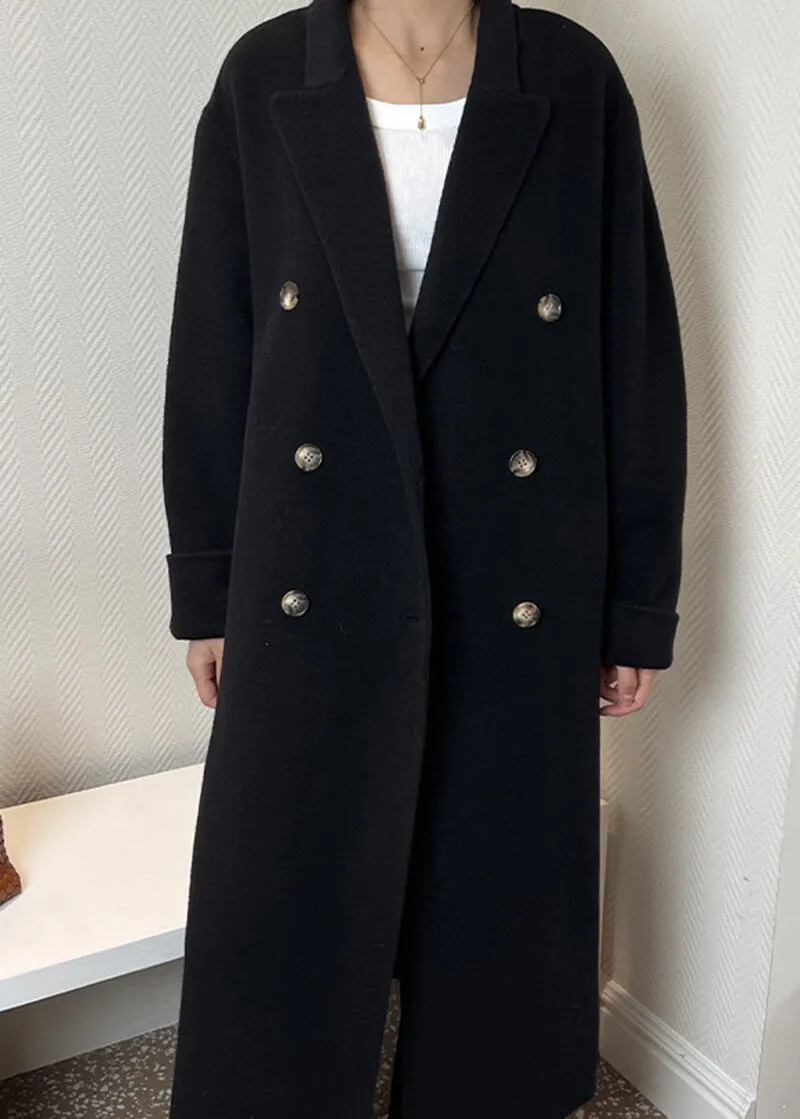 Double Breasted Notched Lapel Wool Long Coat