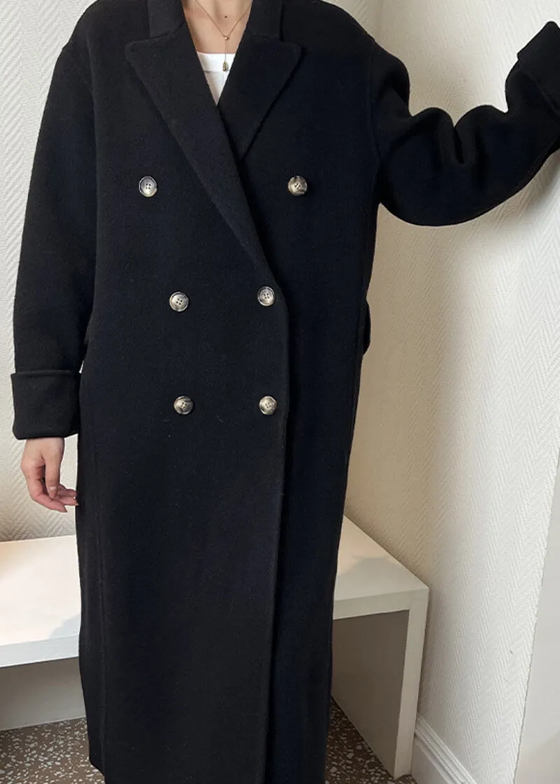 Double Breasted Notched Lapel Wool Long Coat