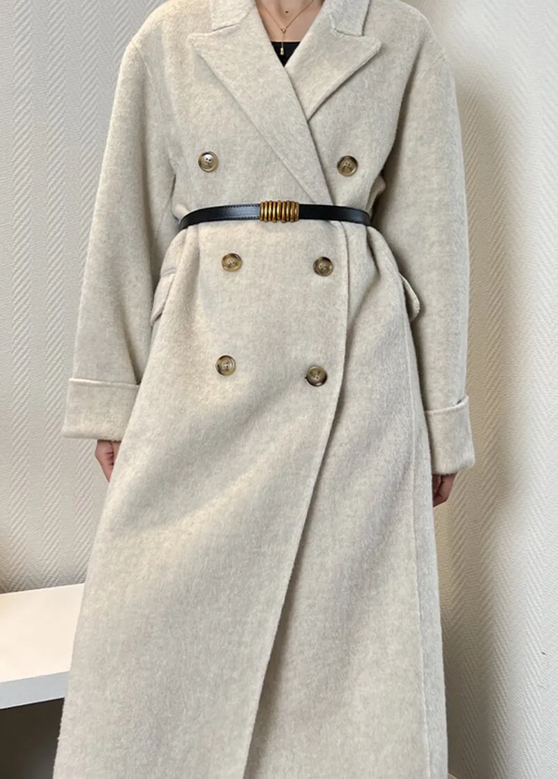 Double Breasted Notched Lapel Wool Long Coat