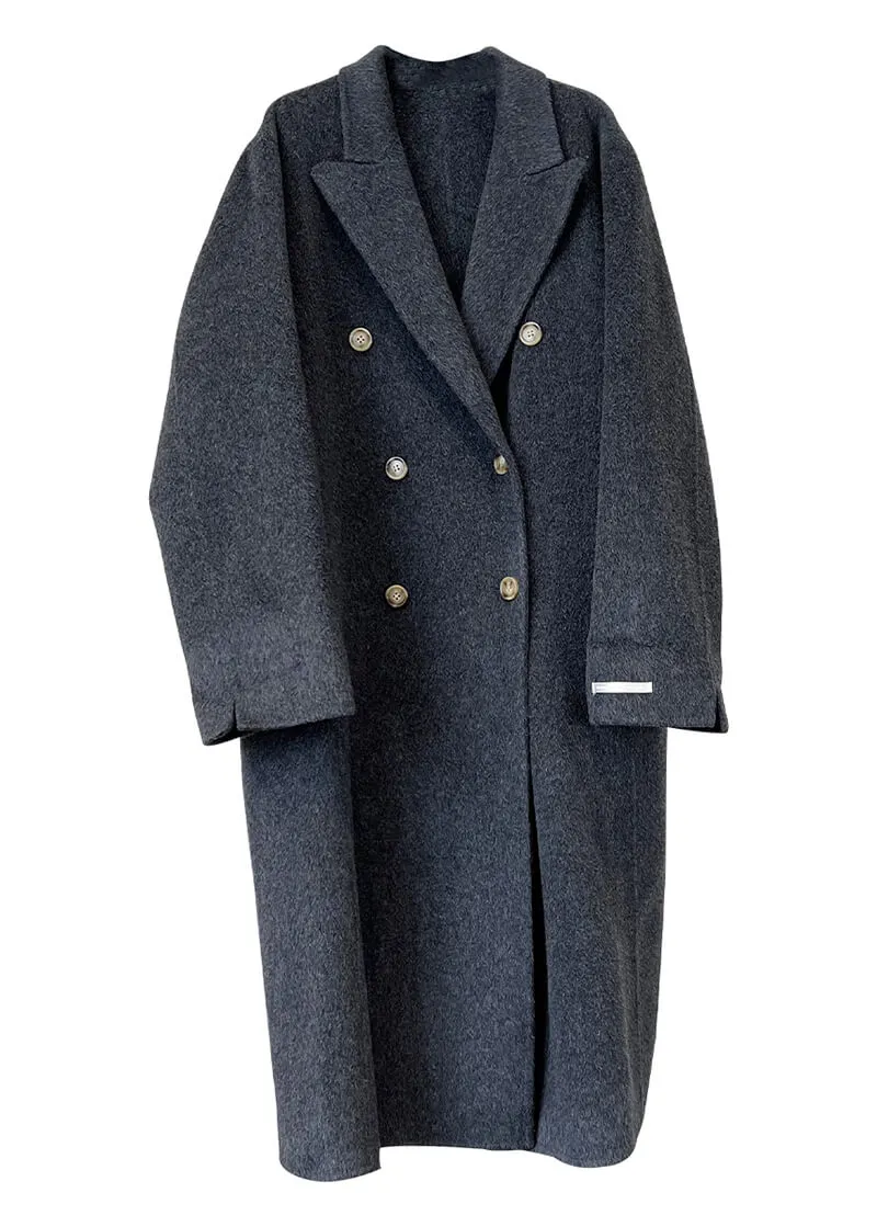 Double Breasted Notched Lapel Wool Long Coat