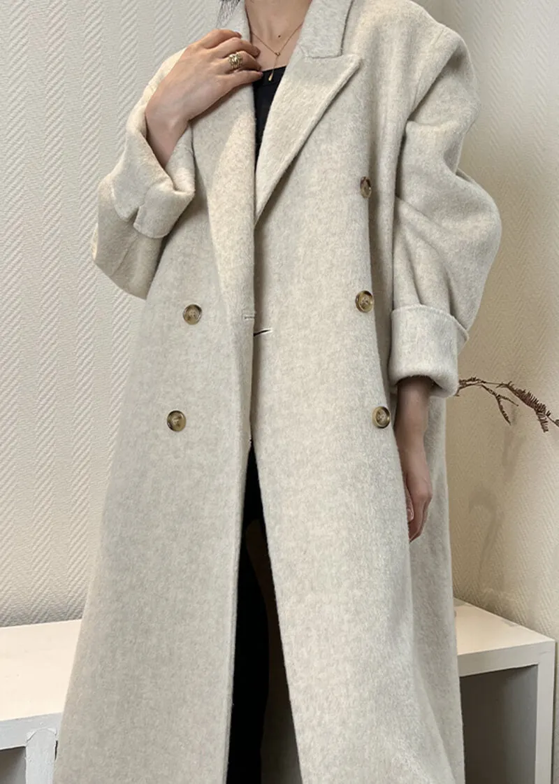 Double Breasted Notched Lapel Wool Long Coat