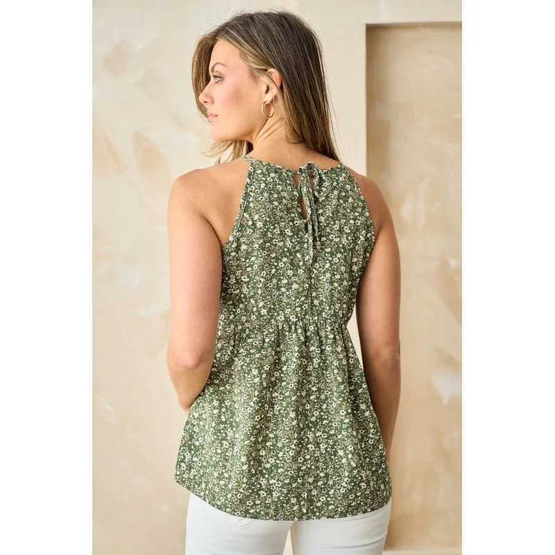 Floral Fantasy Olive Sleeveless Blouse