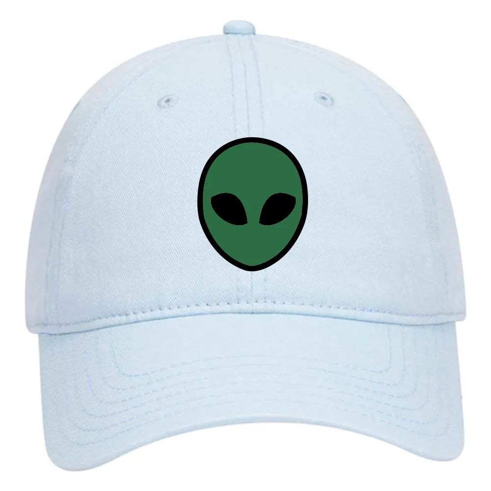 Green Alien Head Suede Like Feel Textured Printed Garment Washed Superior Cotton Twill Dad Hat - For Women and Men