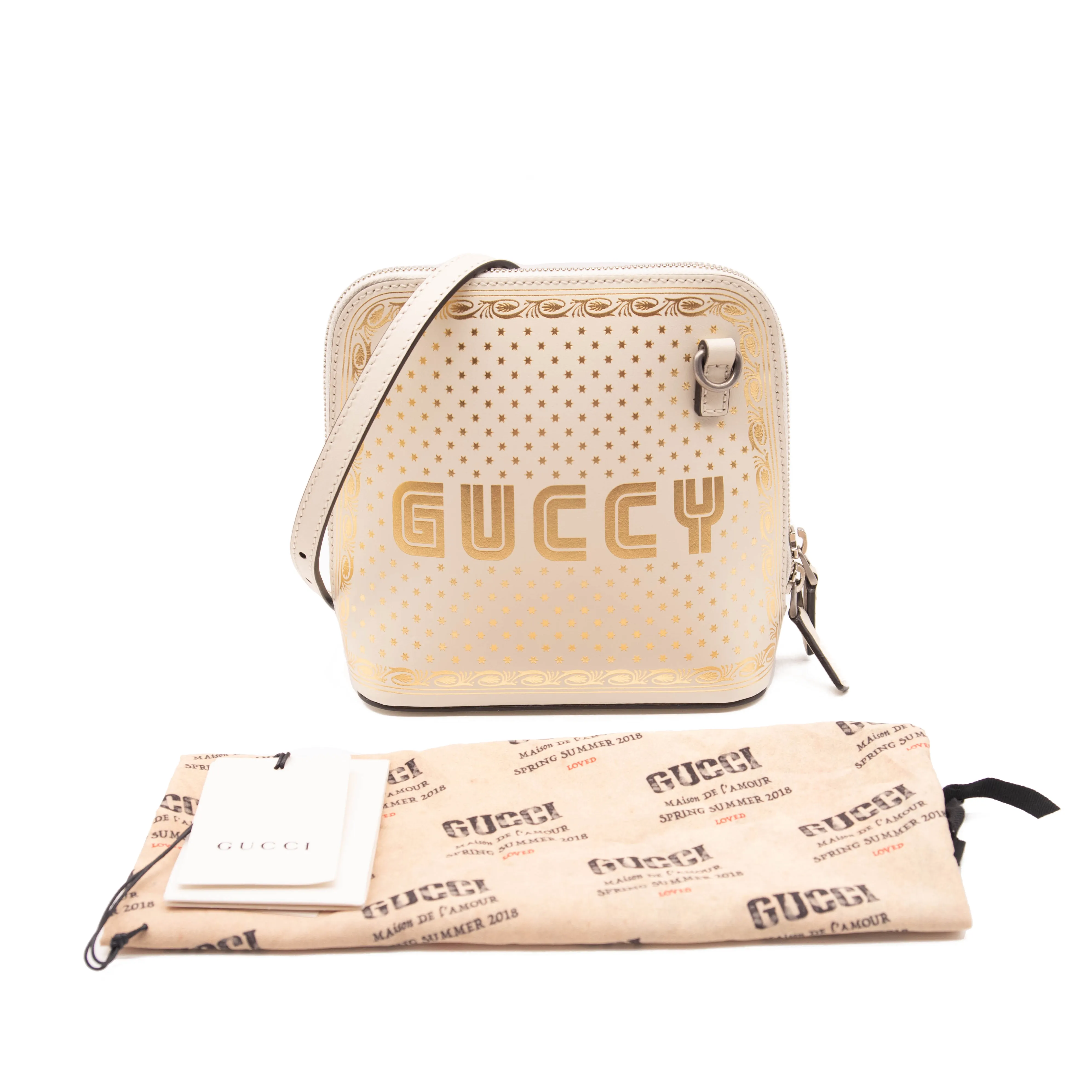 Gucci Logo Moon & Stars White Leather Cross Body Bag