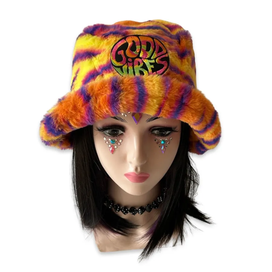 Handmade neon tiger stripes furry bucket hat - Good vibes