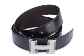 Hermes Silver H Buckle Belt with Dark Brown X Black Reversible Belt, Length 120cm, with Box