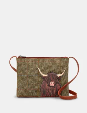 Highland Cow Harris Tweed & Brown Leather Cross Body Bag