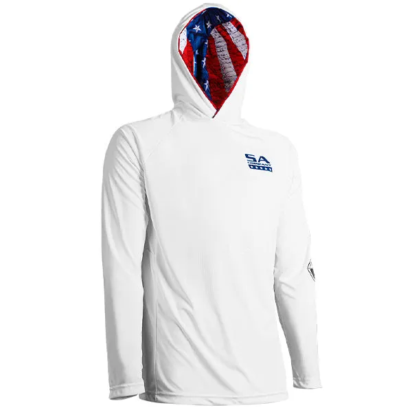 Hooded Performance Long Sleeve Shirt | White | Inner Hood American Flag